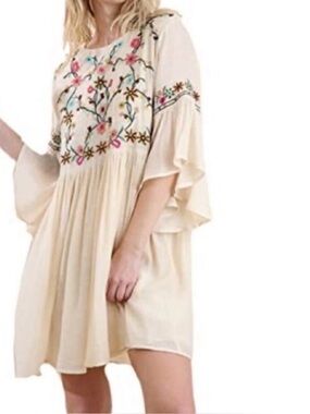 Umgee Cream Dress with Multicolor Floral Embroidery